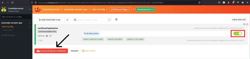 Snapshot of ConfigCat&#39;s dashboard - switching a feature flag on