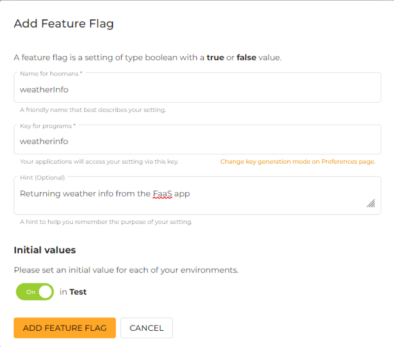 Screenshot of creating a feature flag