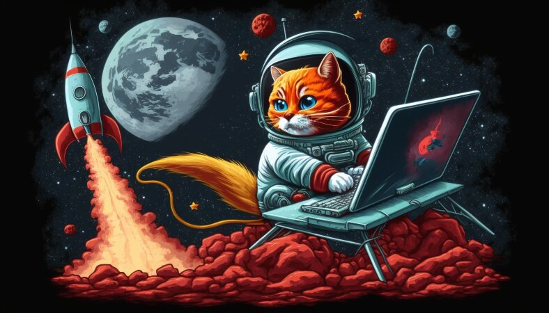 Red cat launching rocket