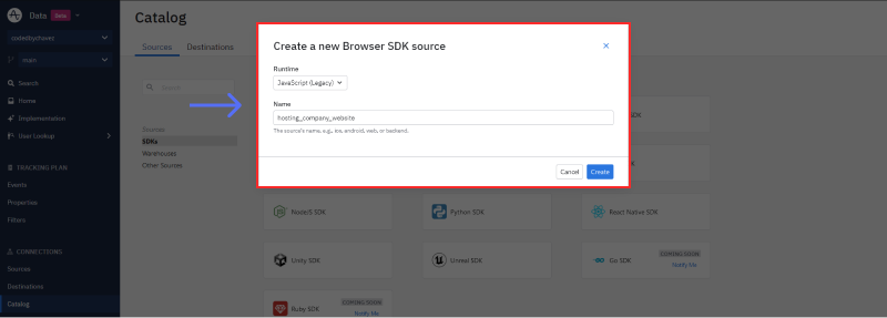 Snapshot of details for creating a new browser SDK source
