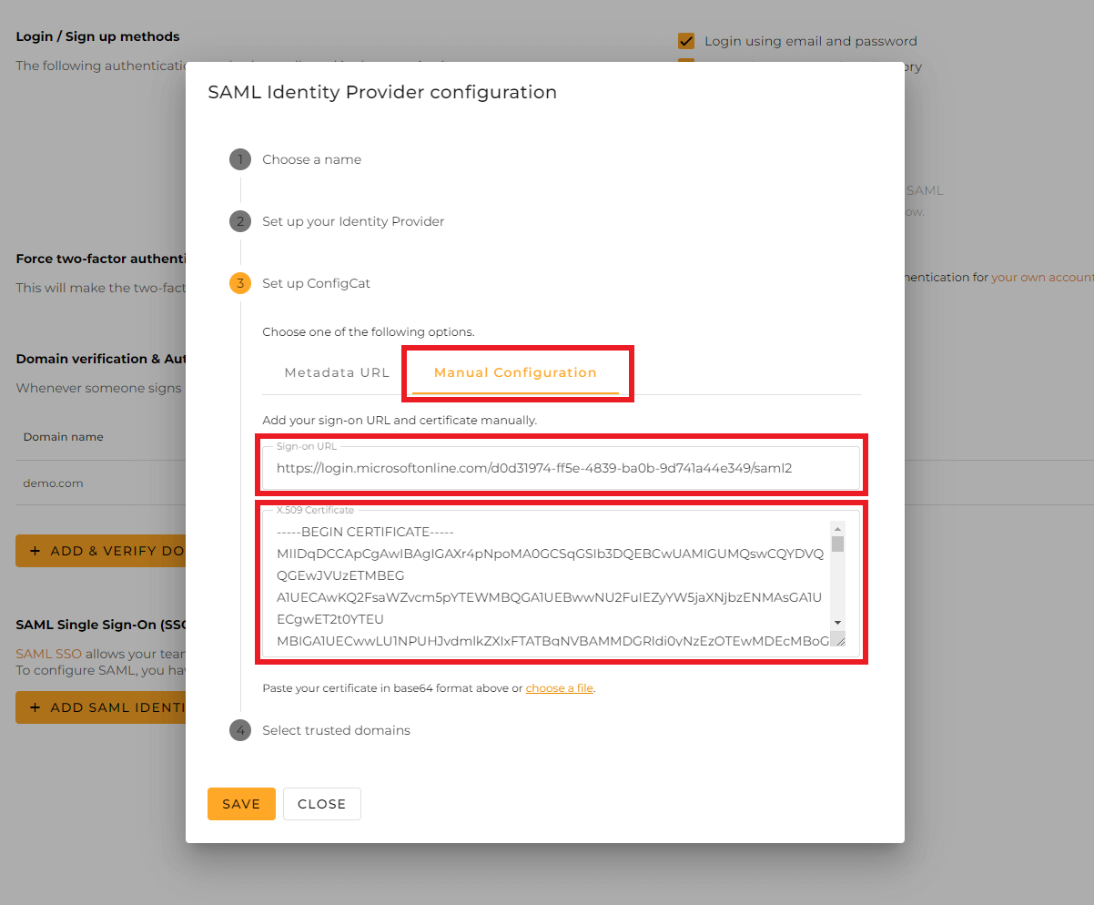 ConfigCat Azure AD manual configuration