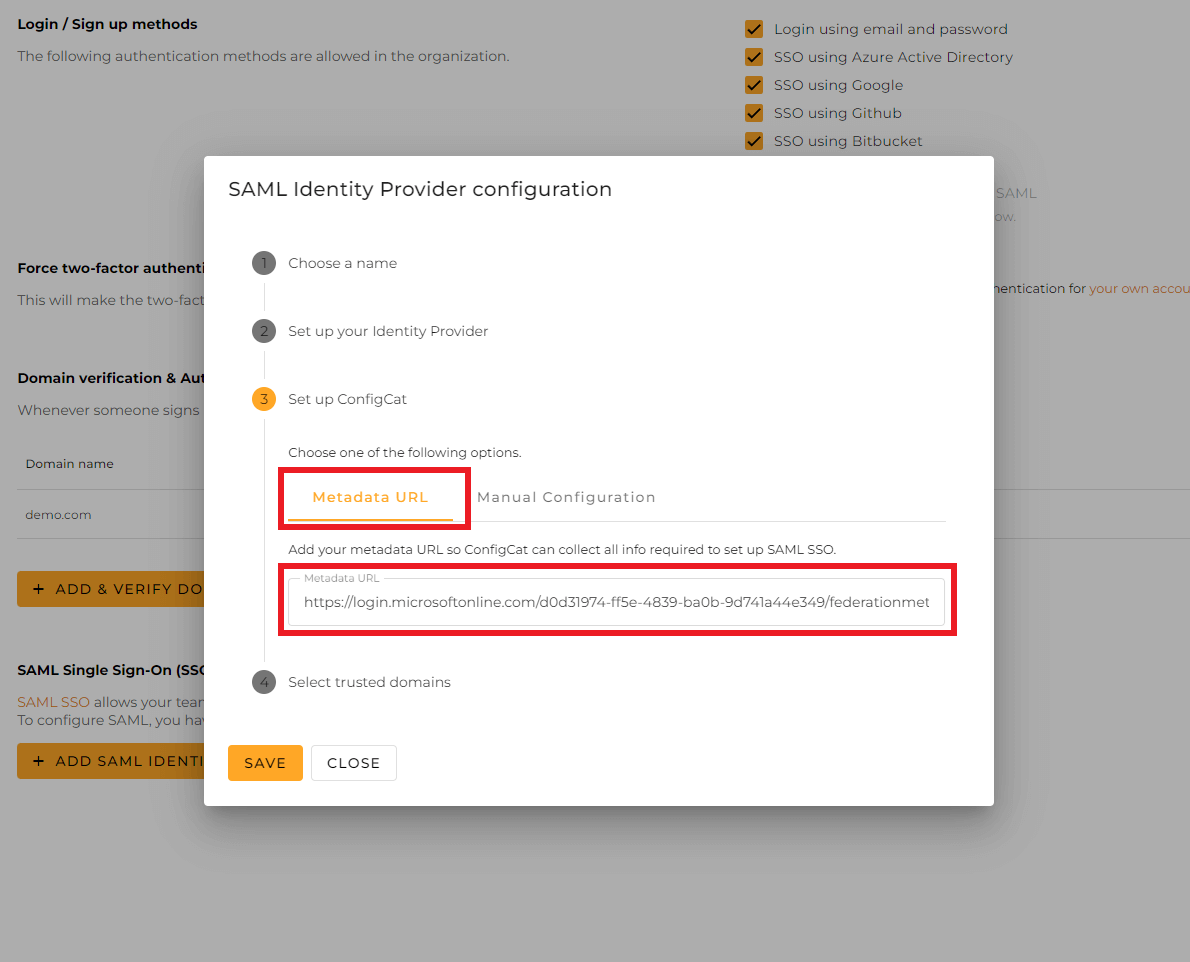 ConfigCat Azure AD metadata URL